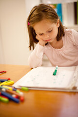 Little Girl Working on Math at Home, Homeschool Education, Homeschooling