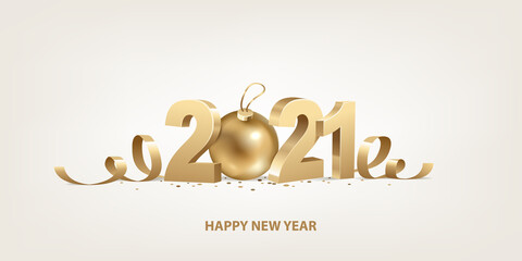Happy New Year 2021. Golden 3D numbers with ribbons, Christmas ball and confetti on a white background.

