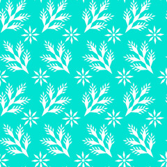 Fototapeta na wymiar Snowflakes and Fir branches seamless pattern. Winter holiday design. Stylized geometric pattern for packaging, tablecloths, and paper.