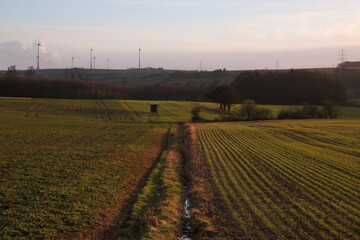 Scenic landscape view with green spring pasture, fields, a water ditch and wind turbines in the...