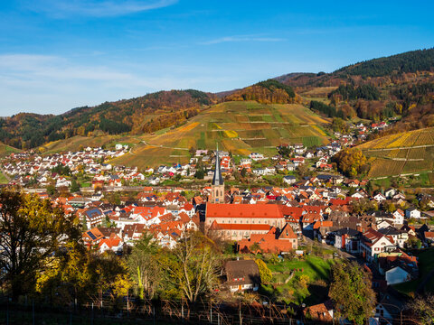 Colorful landscape aerial view of little village Kappelrodeck in Black Forest mountains. Beautiful medieval castle Burg Rodeck.