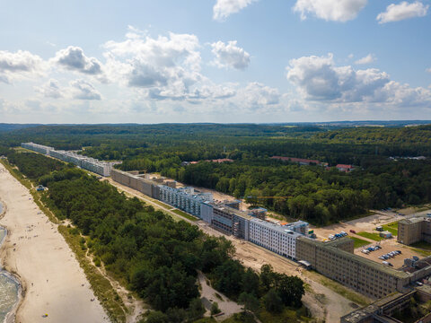 Aerial view on Prora, a massive project known as Colossus of Prora built by the Nazi-Regime that is currently reconstructed to host new flats and a hotel. Located at the baltic sea on the Ruegen