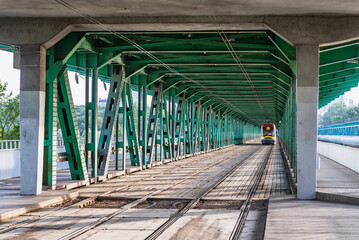 Tramway tracks on a Gdanski Bridge over River Wisla in Warsaw, capital city of Poland