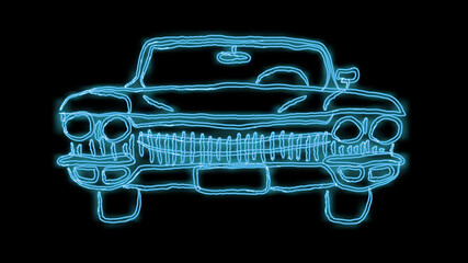 Fototapeta na wymiar Beautiful blue bright glowing abstract neon sign of a powerful fast old retro American classic car from the 60s, 70s, 80s, 90s and copy space on a black background. 
