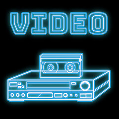 Beautiful blue bright glowing abstract neon sign of an old retro vintage video recorder and videotape from the 80s, 90s and copy space with a video caption on a black background.