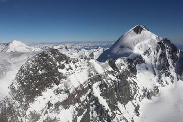 Zermatt, Kanton Wallis (VS)/ Switzerland - January 06 2019: aerial view towards Swiss mountains in...