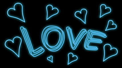 Beautiful abstract neon bright glowing icon, a sign of love hearts and write love for Valentine's Day and copy space on a black background. 