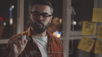 Pensive caucasian businessman writing calculations on coordinate system with white marker pen on glass wall while working late in the office at night - Powered by Adobe