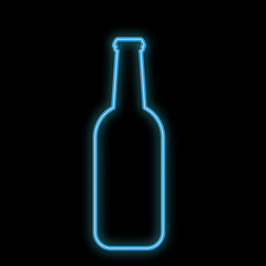 A simple abstract neon bright glowing glowing blue icon, a signboard for a bar from a half-liter beer bottle with craft beer with bubbles and copy space on a black background. Vector