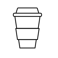 Simple abstract black and white icon of hot tasty coffee in a thermocup, paper cup for carrying with you and copy space on a white background.  illustration
