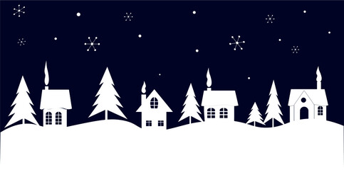 Christmas background. Winter landscape. There are white houses and trees on a dark blue background. Winter village. Vector illustration