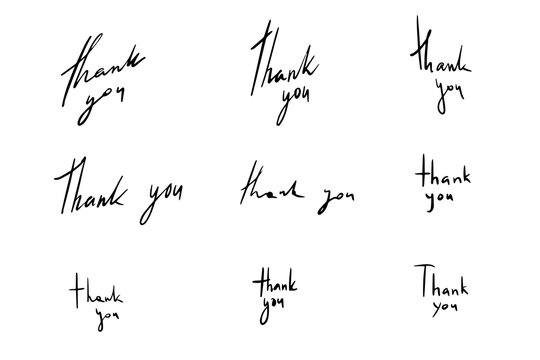 Collection of black vector hand written thank you inscriptions. Set of sketch grateful texts for greeting cards, response letters and postcards design