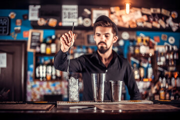 Professional Female bartender demonstrates his professional skills behind the bar