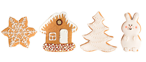 Long banner. collage Christmas gingerbread isolated on white background.collection of house, tree and rabbit