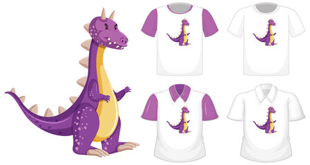 Dragon cartoon character logo on different white shirt with purple short sleeves isolated on white background