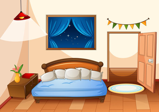 Bedroom Cartoon Style At Night Scene