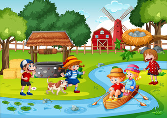 Naklejka premium Children row the boat in the stream farm scene