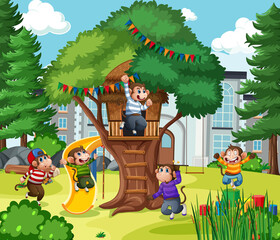 Five little monkeys jumping in the park scene