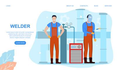 Welder and welding service concept web banner or landing page. Professional welder in protective mask and gloves. Man in uniform welding metal pipe and construction. Flat vector illustration