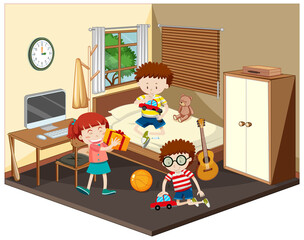Happy children in the bedroom scene in brown theme