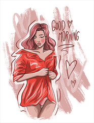 Good Morning slogan. Hand drawn beautiful young woman. Fashion woman look. Sketch.Vector illustration EPS 10