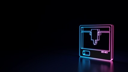 3d glowing neon symbol of symbol of 3d printer isolated on black background