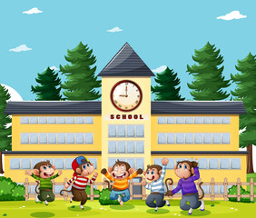 Five little monkeys jumping in the park playground scene
