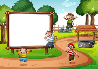 Fototapeta premium Wooden blank banner in the park scene with four monkeys