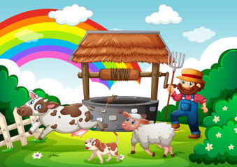 Obraz na płótnie Canvas Farmer with animal farm in farm scene in cartoon style
