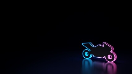 3d glowing neon symbol of symbol of racing motorbike isolated on black background