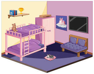 Bedroom in pink colour theme isometric