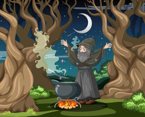 Wizard with black magic pot cartoon style on dark forest background