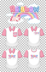 Unicorn with rainbow logo and set of white shirt with pink short sleeves isolated on transparent background
