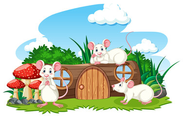 Timber house with three mouses cartoon style on white background