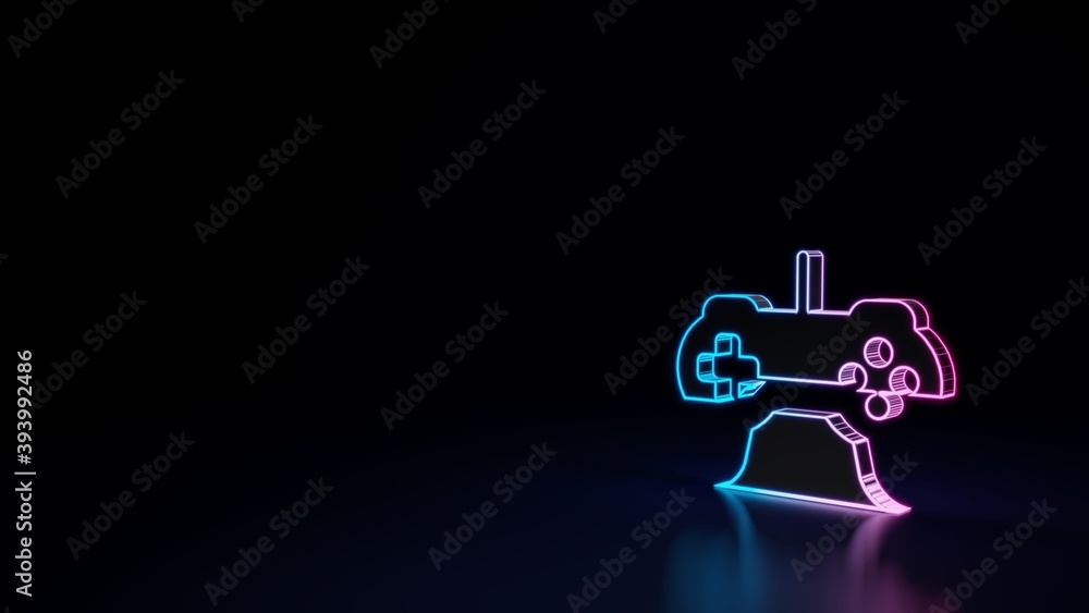 Poster 3d glowing neon symbol of symbol of game controller isolated on black background