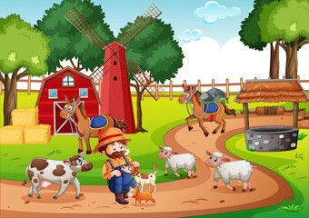 Naklejka premium Old MacDonald in a farm nursery rhymes scene