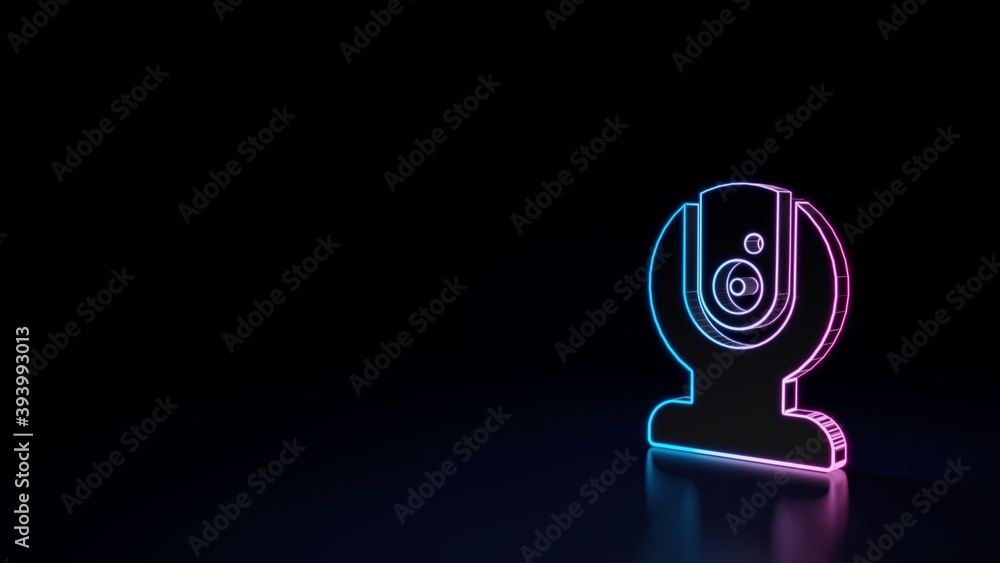 Poster 3d glowing neon symbol of symbol of camera computer isolated on black background