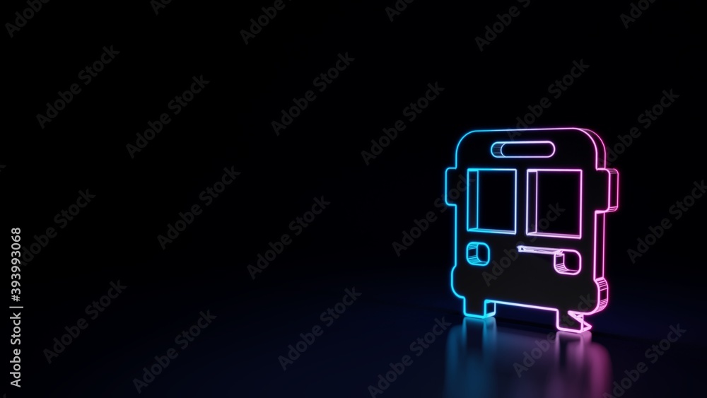 Poster 3d glowing neon symbol of symbol of bus front view isolated on black background
