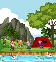 Naklejka premium Five little monkeys jumping in the park scene