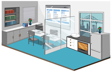 Workplace interior with furniture and blue ground