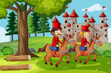 Fairytale scene with castle and soldier royal guard scene