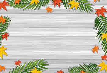 Fototapeta premium Top view of blank wooden table with leaves in different season elements