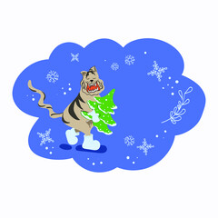 Vector print design for kids with funny tiger and Christmas tree. Animal illustration. Happy New Year