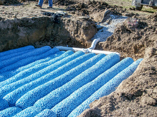 New construction of a packed bed septic leaching field in a rural residential house for wastewater...