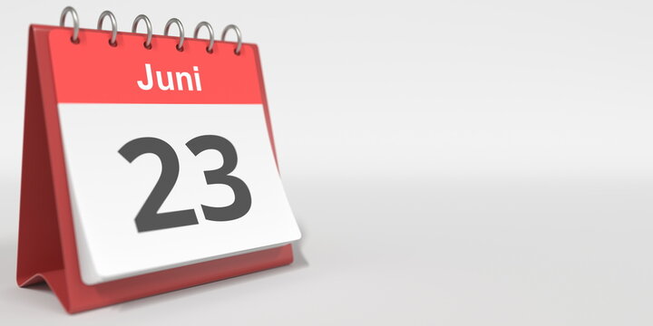 June 23 date written in German on the flip calendar page. 3d rendering