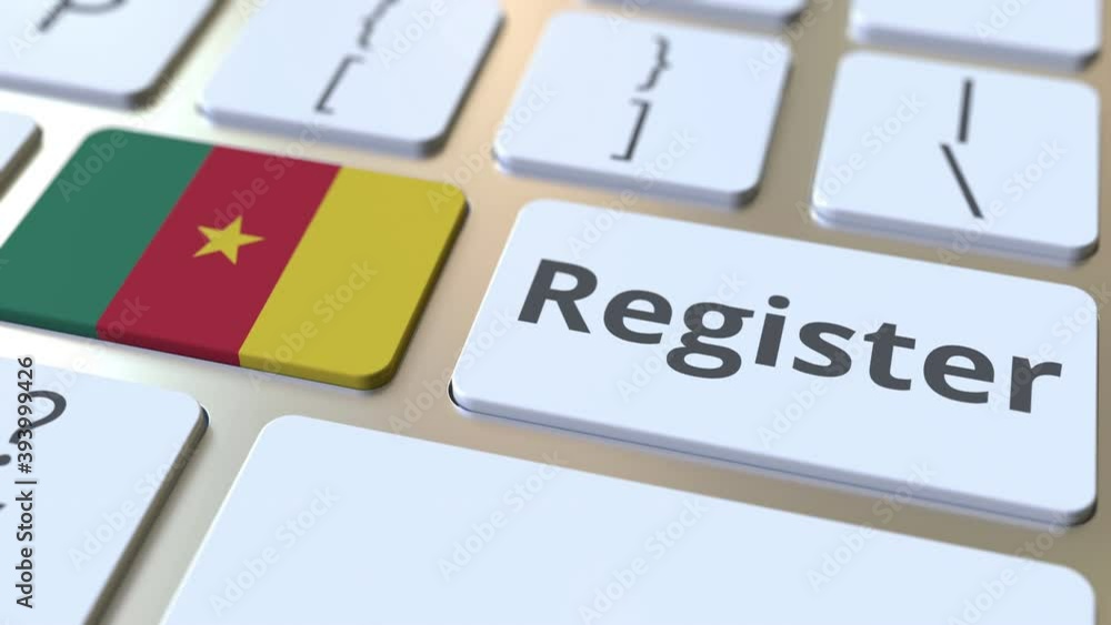 Poster register text and flag of cameroon on the keyboard. online services related 3d animation