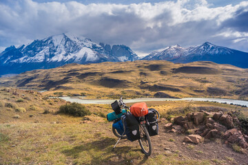 Torres del Paine National Park / Magallanes y la Ant&aacute;rtica Chilena Region / Chile - March 29, 2018: Bicycle tour going through the park.