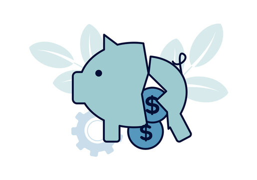 Finance. Bankruptcy. Broken piggy bank with dollar coins, lettering bankruptcy. Vector illustration © GrandDesign