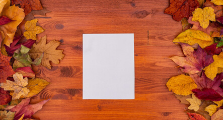 plain white sheet of paper. red, orange, green, brown, yellow dry leaves. wood table. autumn background. top view with copy space.