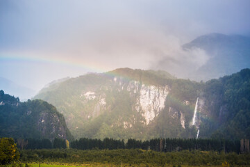 Rainbow by the Carretera Austral (the south road) landscape at Patagonia - Chile.